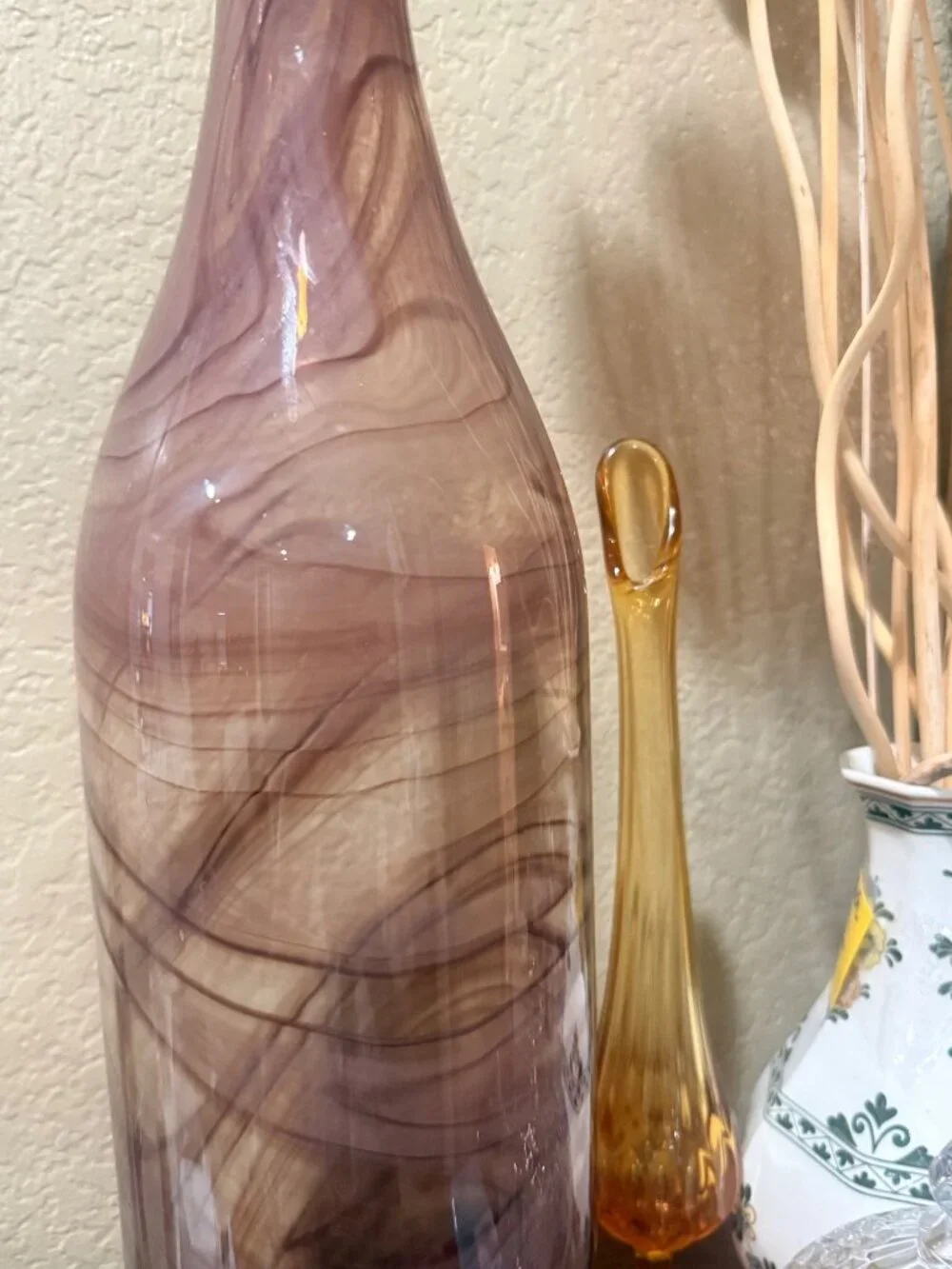 Vintage 19” Tall Amethyst Brown Swirl Art Glass Bottle Vase
